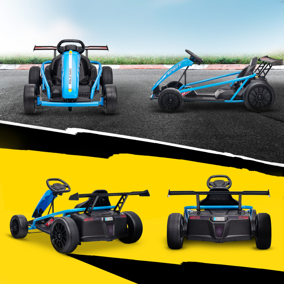 Haurrentzako GoKart auto elektrikoa, 2 x 24 V motorrak, 13 km/h-ko nora-modua, 119 x 77 x 54 cm, urdina