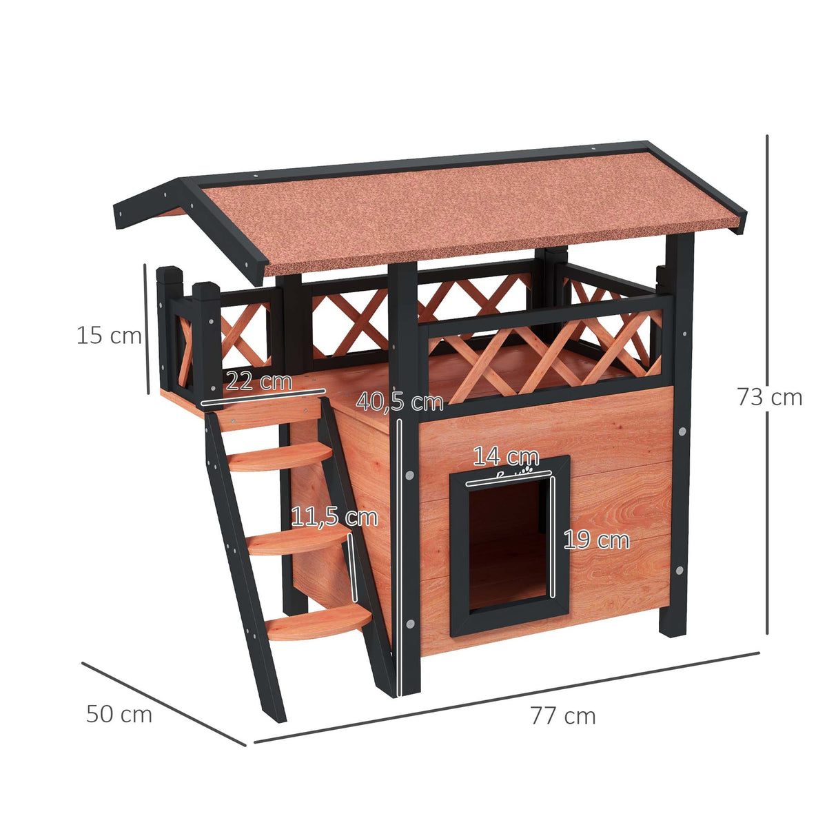 Buitenkattenhuis met terras, trap, dak, villa-nachthok, 77 x 50 x 73 cm bruin en rood