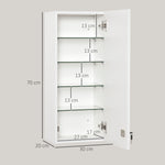 Armoire à pharmacie murale avec serrure, 5 étagères et tablettes réglables, bois et verre, blanc, 30x20x70cm