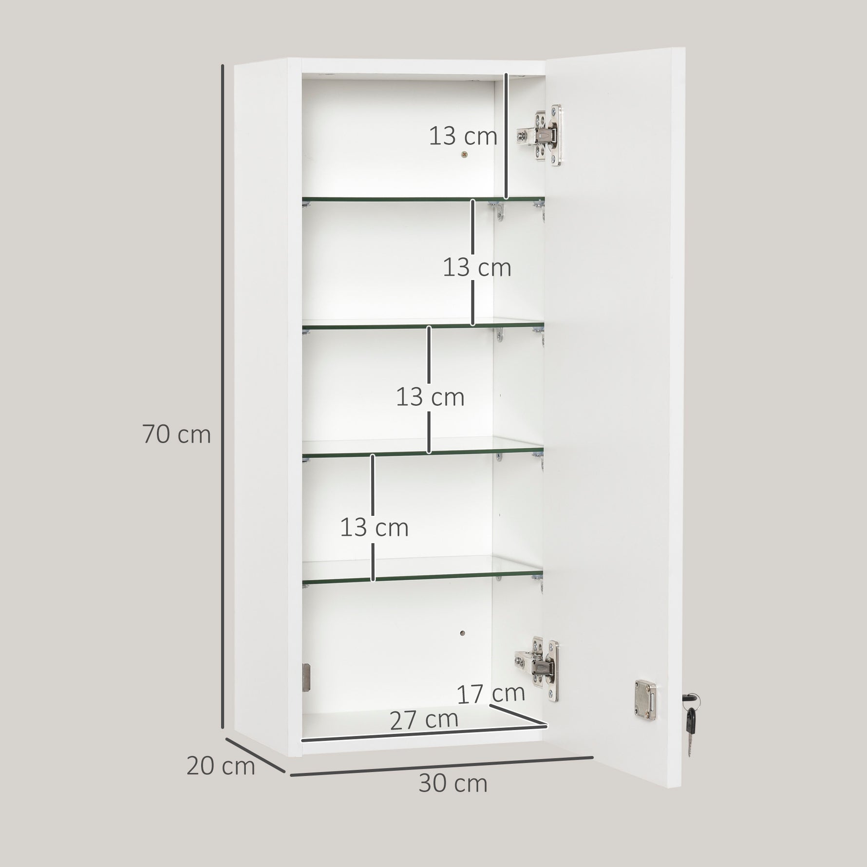 Armoire à pharmacie murale avec serrure, 5 étagères et tablettes réglables, bois et verre, blanc, 30x20x70cm