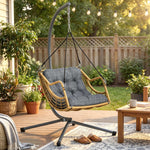 Fauteuil suspendu en résine tressée avec support, chaise suspendue, coussin, attache de sécurité, hauteur réglable, gris
