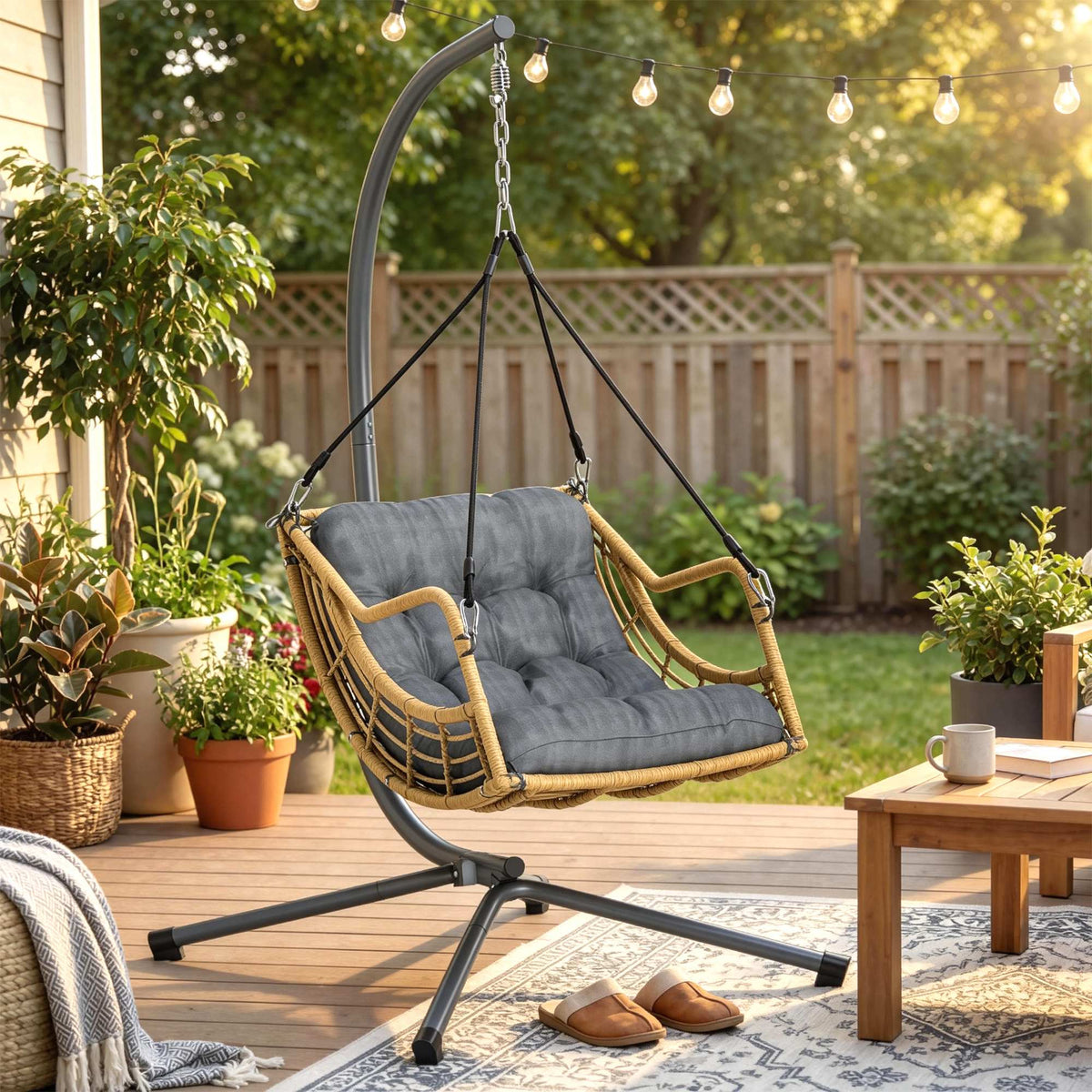 Fauteuil suspendu en résine tressée avec support, chaise suspendue, coussin, attache de sécurité, hauteur réglable, gris