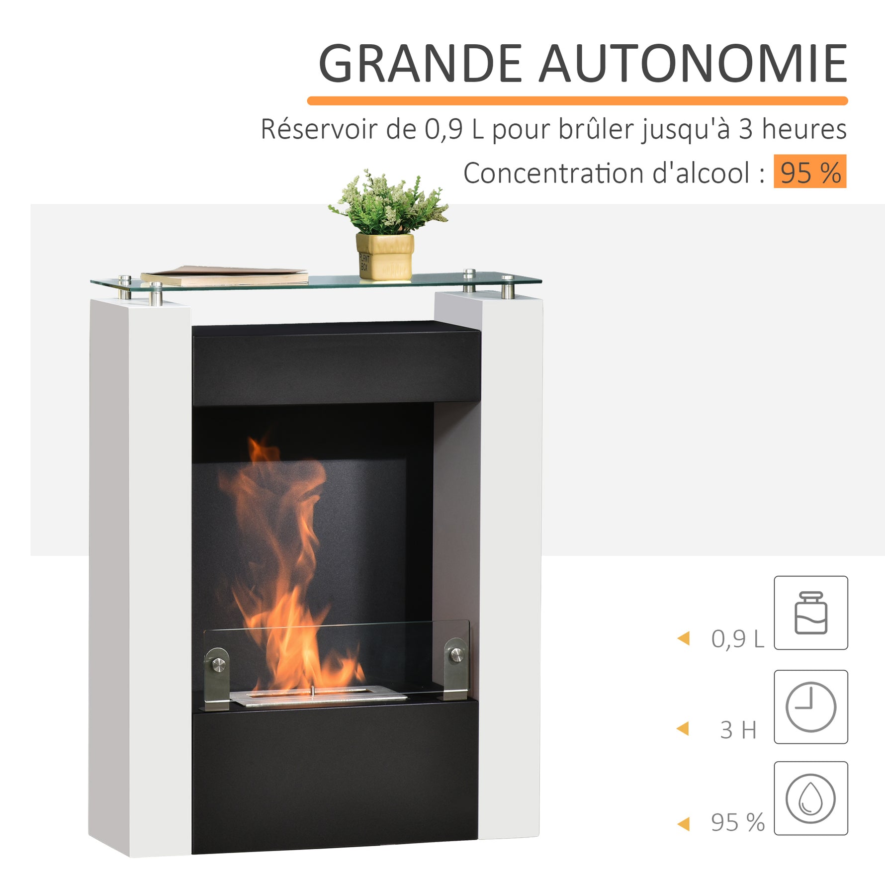 Cheminée bioéthanol brûleur 0,9 L avec plateau de rangement en verre trempé 60 x 20 x 79 cm Acier Noir et Blanc