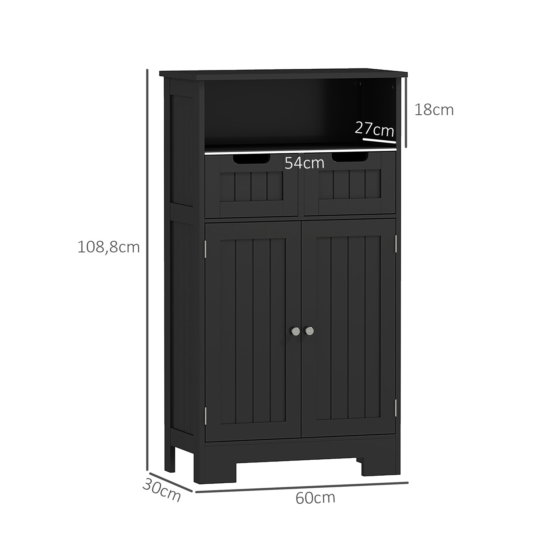 Meuble Bas de Salle de Bain Multi-rangements Grande Niche 2 tiroirs Placard Double Porte avec étagère Noir