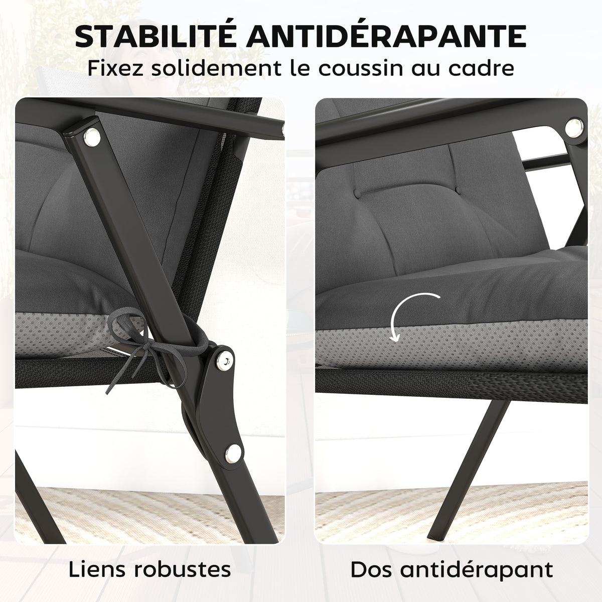 Lot de 4 coussins pour chaises de terrasse, résistants à l'eau, antidérapants, avec liens, 112x53cm, Gris Foncé