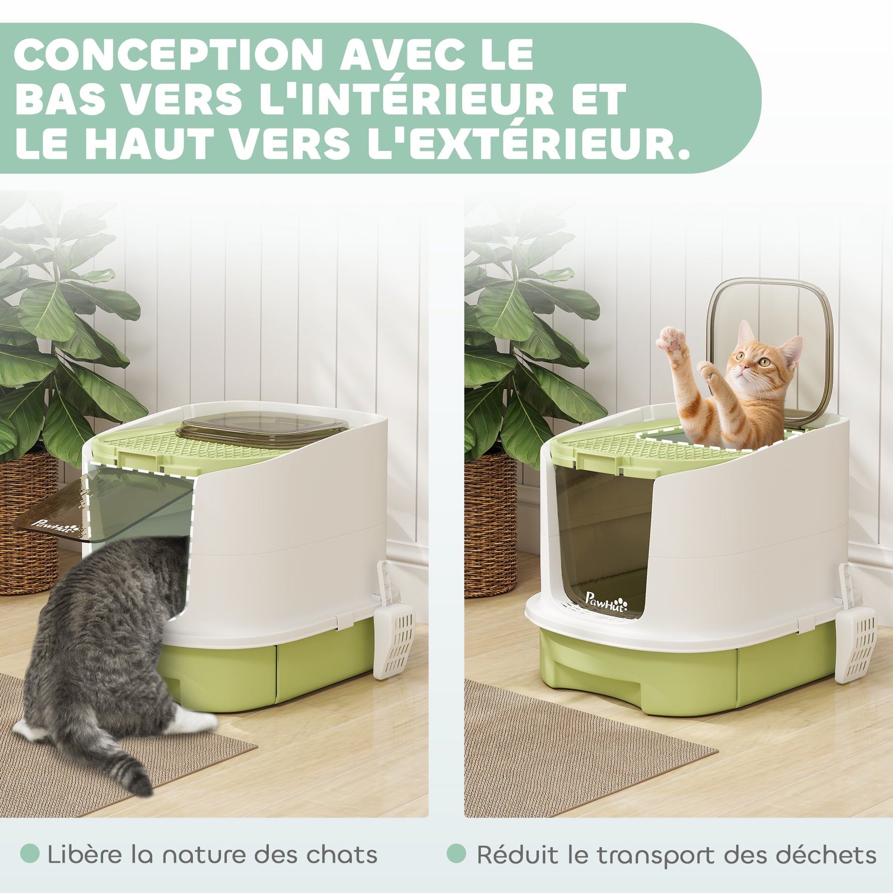 Maison de toilette pour chat bac à litière fermé chat avec porte translucide pelle incluse 40,5 x 52,5 x 42,5 cm vert