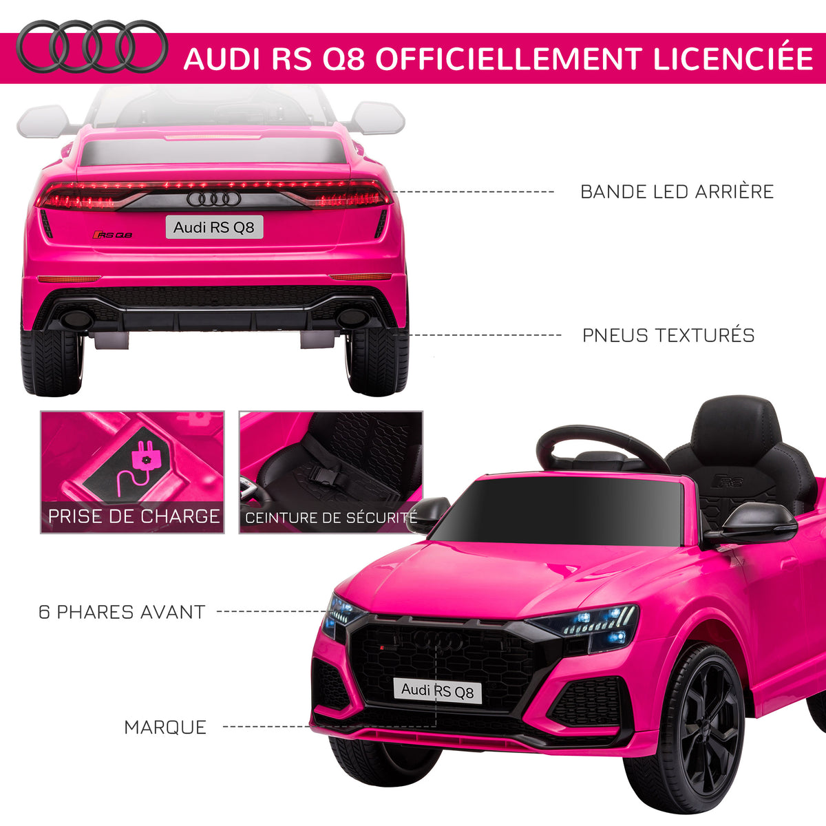 Voiture électrique enfants sous licence Audi RS Q8, véhicule électrique avec télécommande, USB, Bluetooth, rose