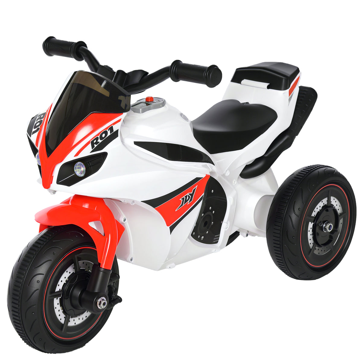 Porteur Enfants Moto de Course Effets musicaux et Lumineux Coffre Rangement Rouge Blanc