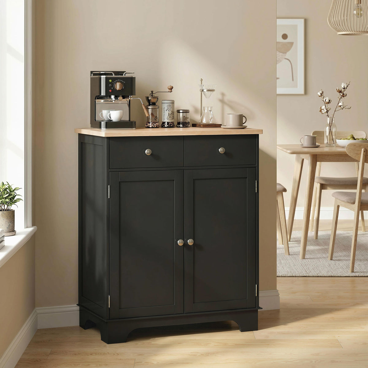 Meuble de rangement buffet salon avec placards, 2 tiroirs et étagères réglables, 68x40,3x85cm, noir et bois naturel