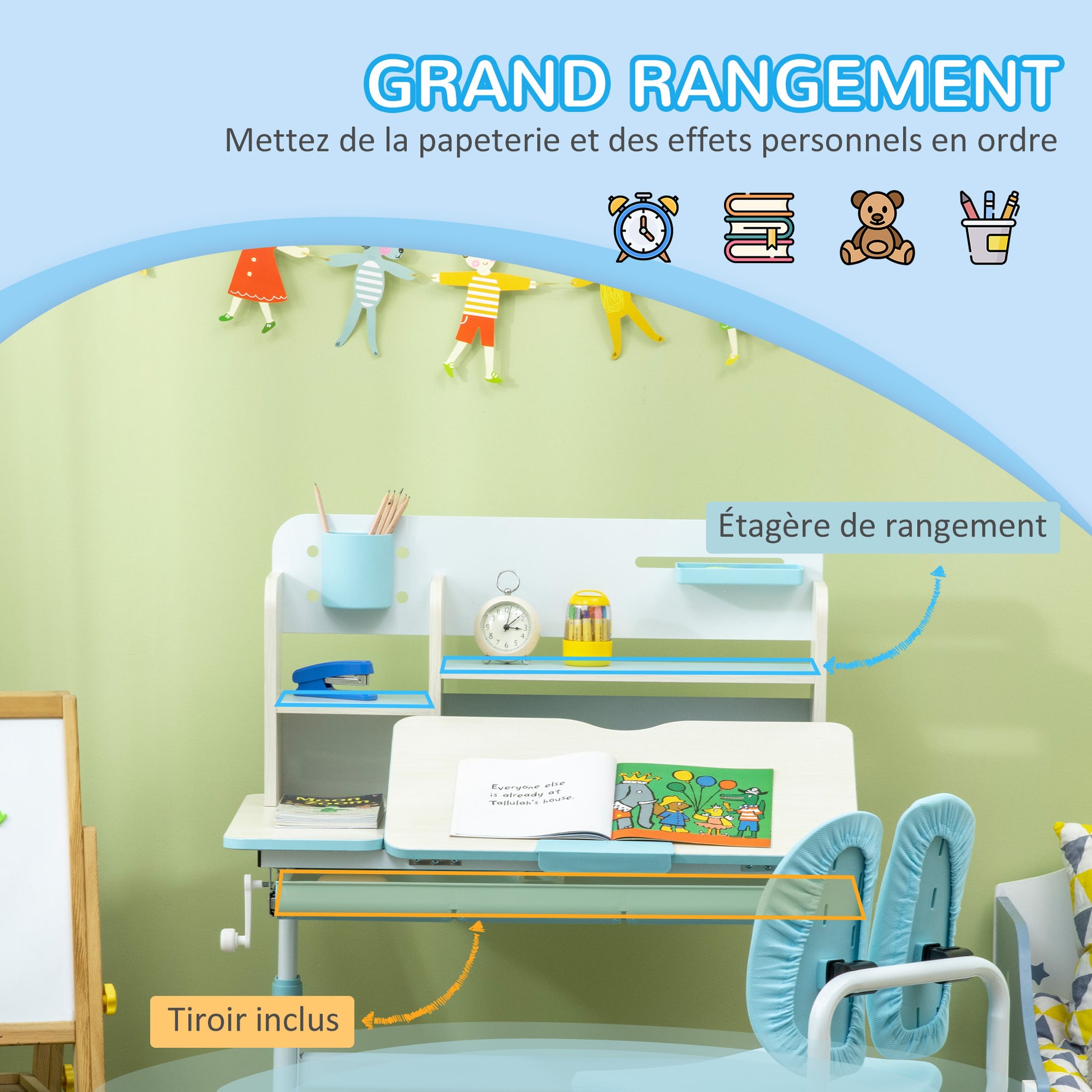 Ensemble bureau et chaise pour enfants hauteur réglable et plateau inclinable 0-60° table 80 x 52 x 88-109 cm bleu