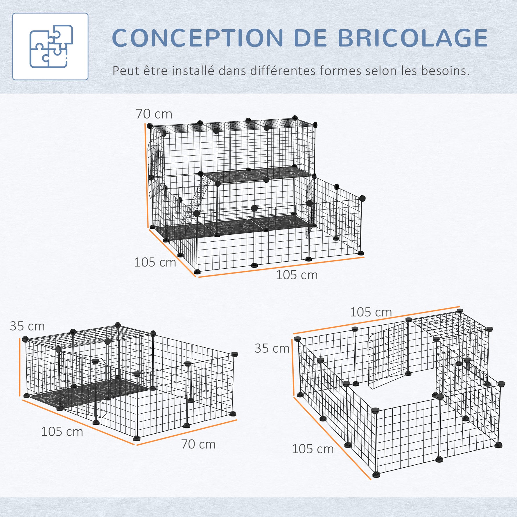 Cage parc enclos rongeurs modulable dim. L 111 x l 75 x H 119 cm 3 niveaux 4 portes fil métallique noir