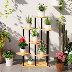 Support à plantes à 7 niveaux pour intérieur et extérieur, étagère plante en acier et bois, bois naturel