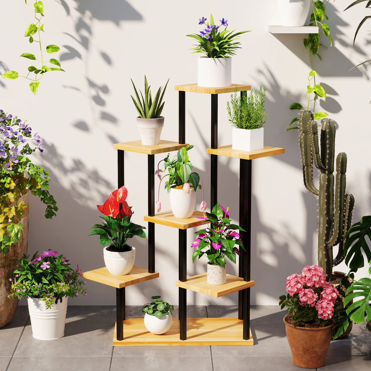 Support à plantes à 7 niveaux pour intérieur et extérieur, étagère plante en acier et bois, bois naturel