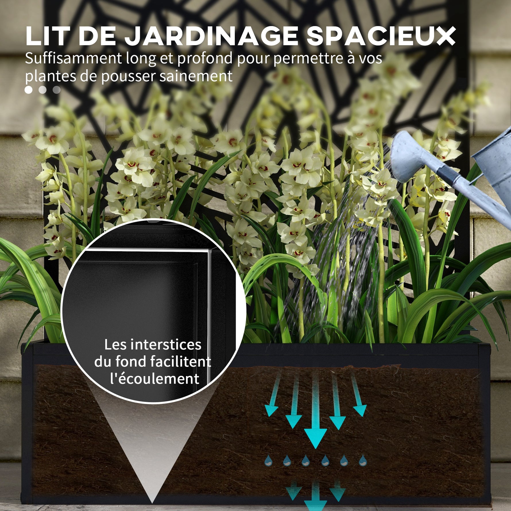 Jardinière avec brise-vue paravent treillis pour Plante Grimpante, bac à Fleurs - dim.  61L x 23l x 113H cm