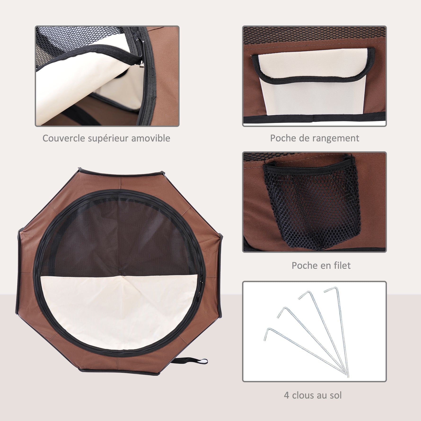 Parc enclos pliable pour chien chat petits animaux octogonal en tissu Oxford et acier Ø 90 x 41H cm marron beige