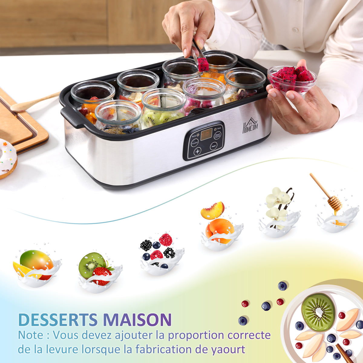 Yogurtiera con 8 vasetti in vetro da 180 ml, macchina per yogurt elettrica in acciaio inossidabile con timer, termostato regolabile e display digitale per dessert fatti in casa sani