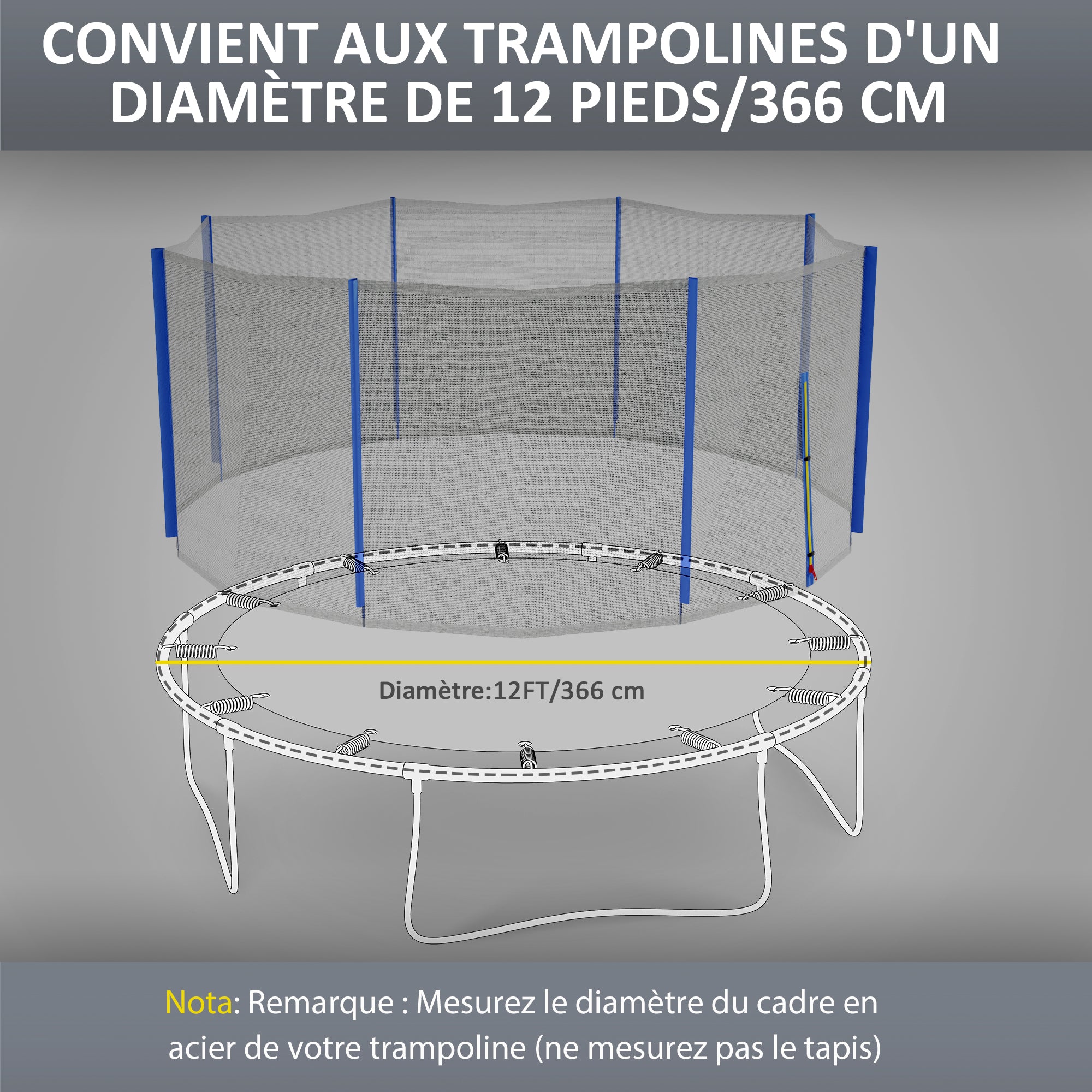 Filet de remplacement pour trampolines Ø 366 cm 8 poteaux droits filet de sécurité pour trampolines, entrée zippée