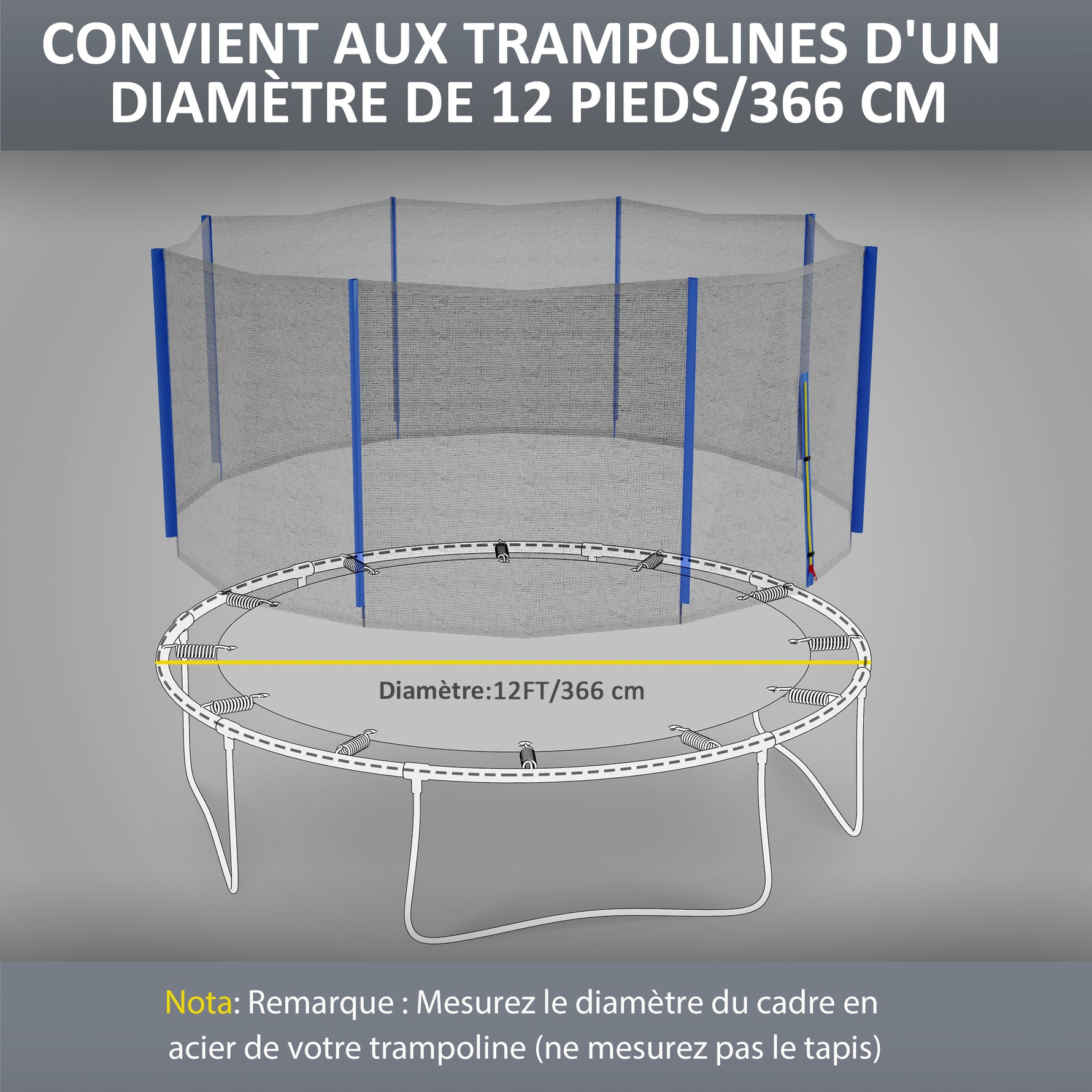 Filet de remplacement pour trampolines Ø 366 cm 8 poteaux droits filet de sécurité pour trampolines, entrée zippée