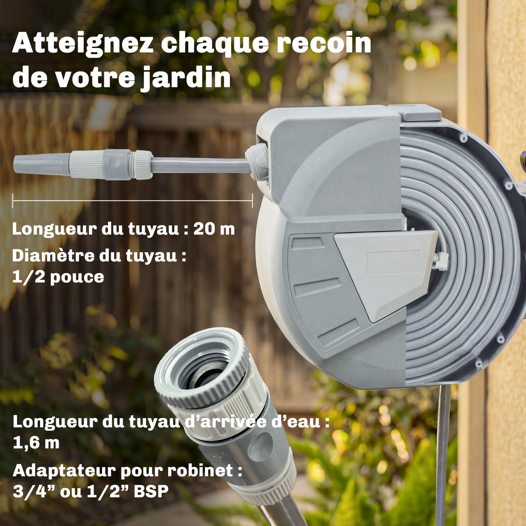 Enrouleur Tuyau Arrosage Mural 20+1,6m x Ø 15mm, Dévidoir de Tuyaux d'Eau Rétractable Automatique Pivotant à 180°, Gris