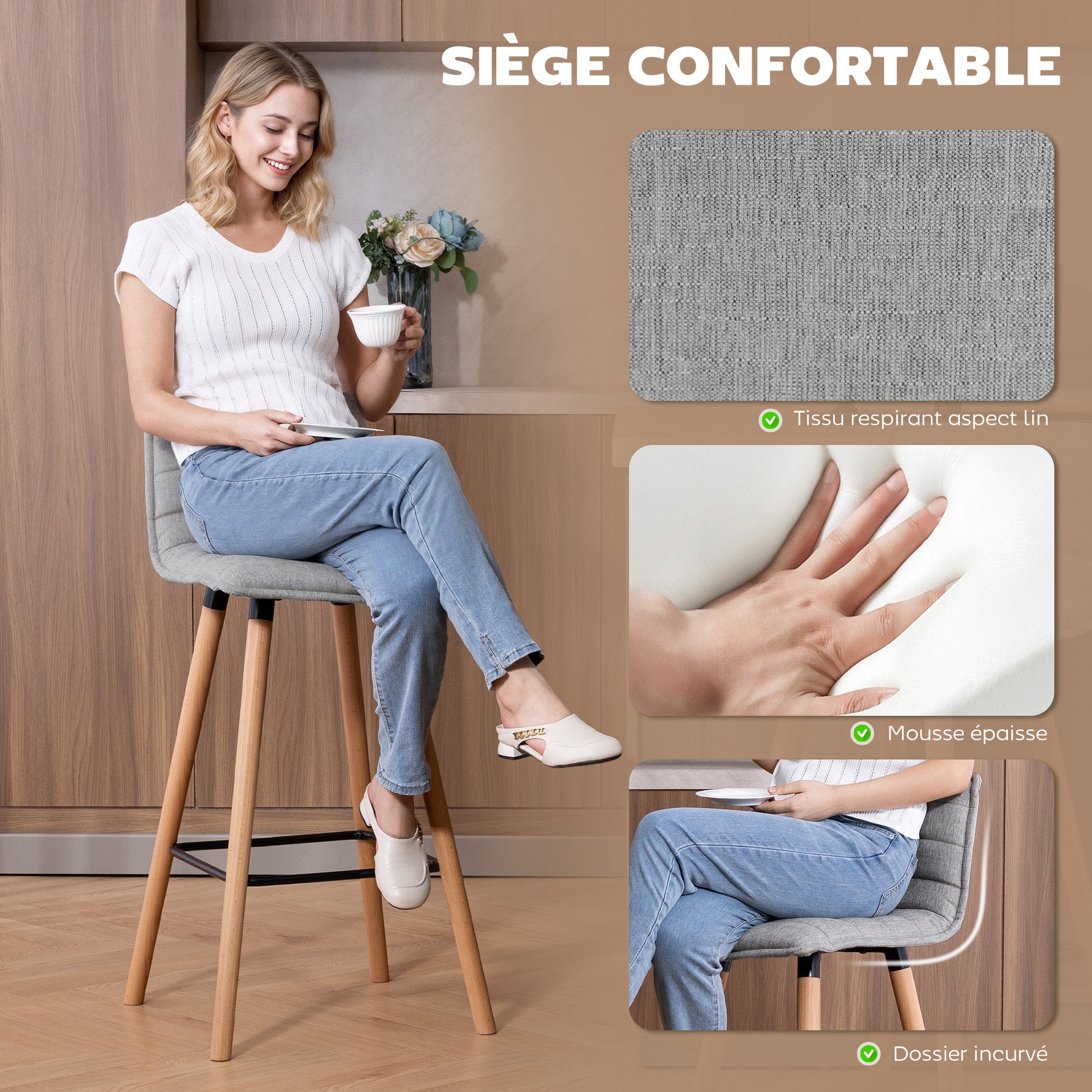 Lot de 2 tabourets de bar, chaises de bar, assise rembourrée, dossier et repose-pieds, 48 x 48 x 99,5 cm, gris