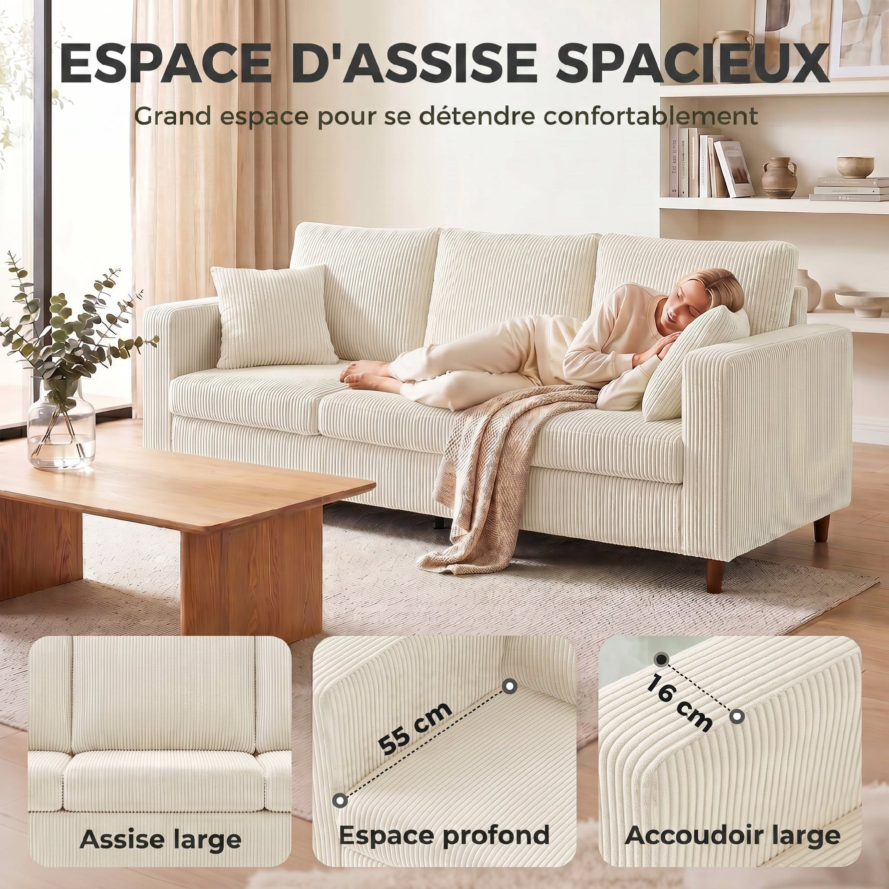 Canapé 3 Places en Velours Côtelé, Canapé de Salon Moderne 225 cm, Assise Large, Coussin à Ressorts, Crème