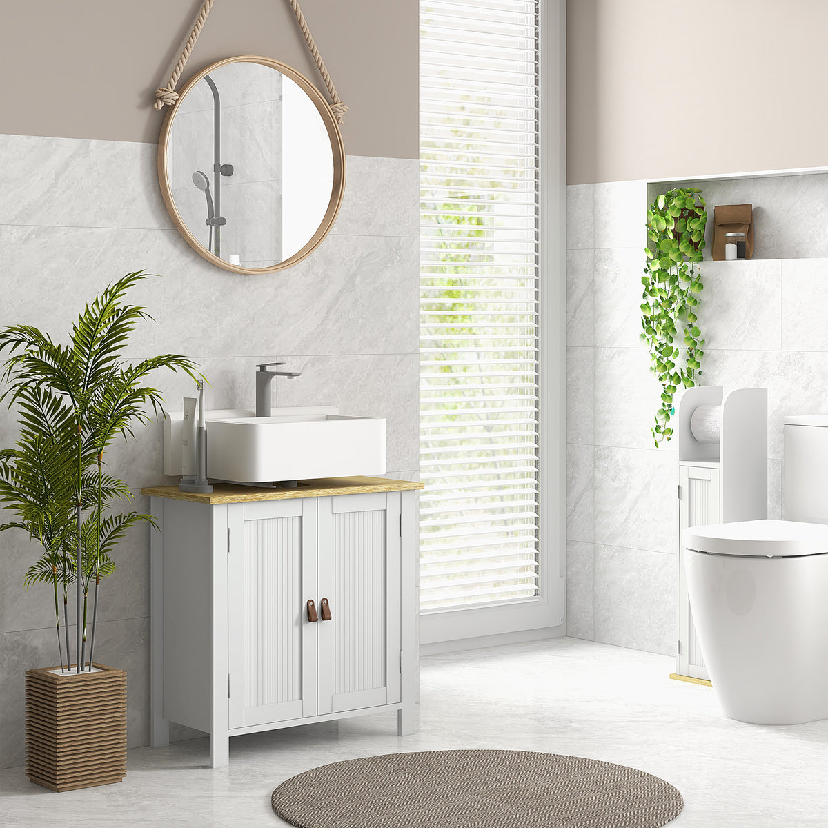 Mueble bajo lavabo 2 puertas, estante interior ajustable de 2 niveles, tiradores de PU, 60 x 30 x 60 cm, blanco