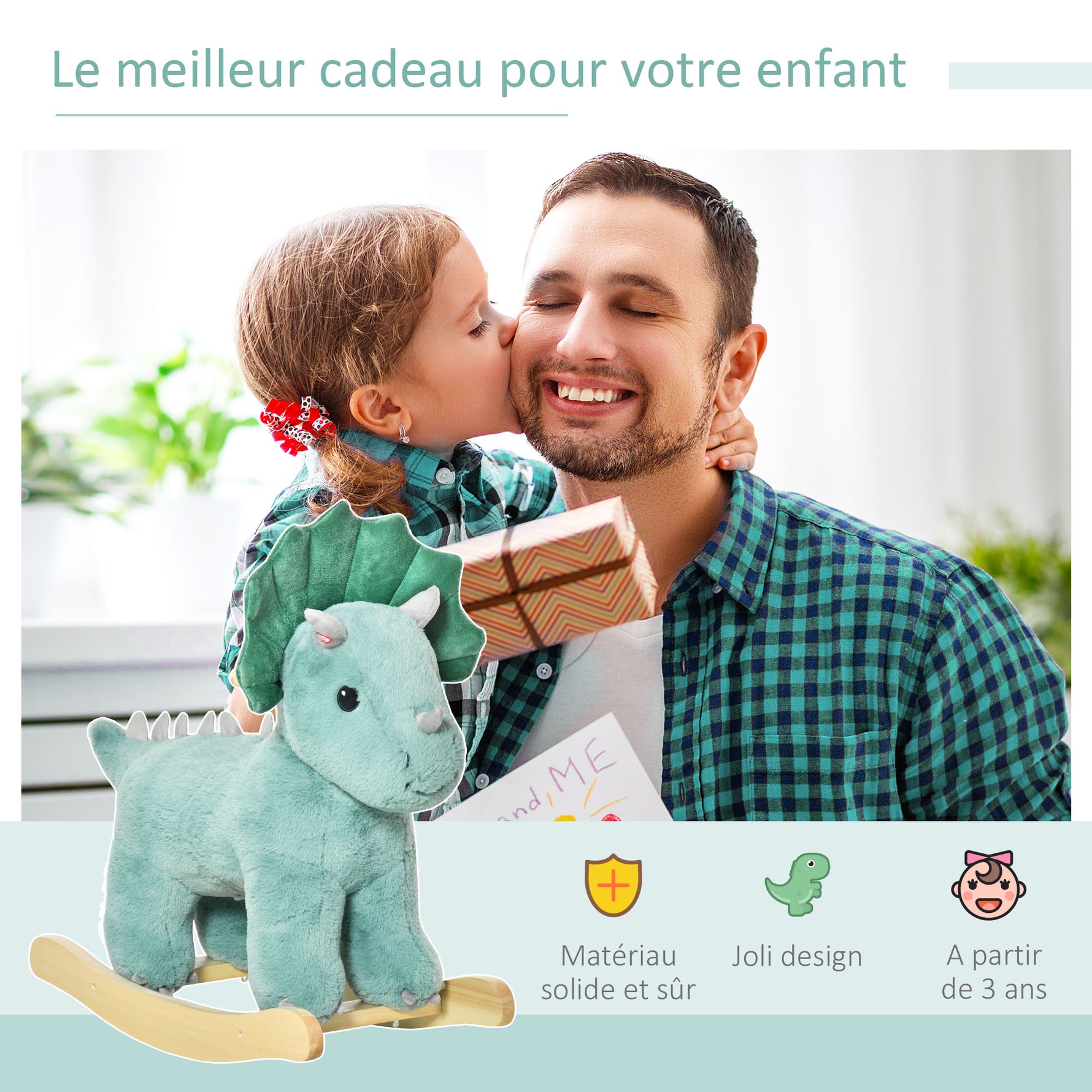 Jouet à Bascule Dinosaure Effet sonore Rugissement Bois peuplier Peluche Courte Polyester Vert d'eau
