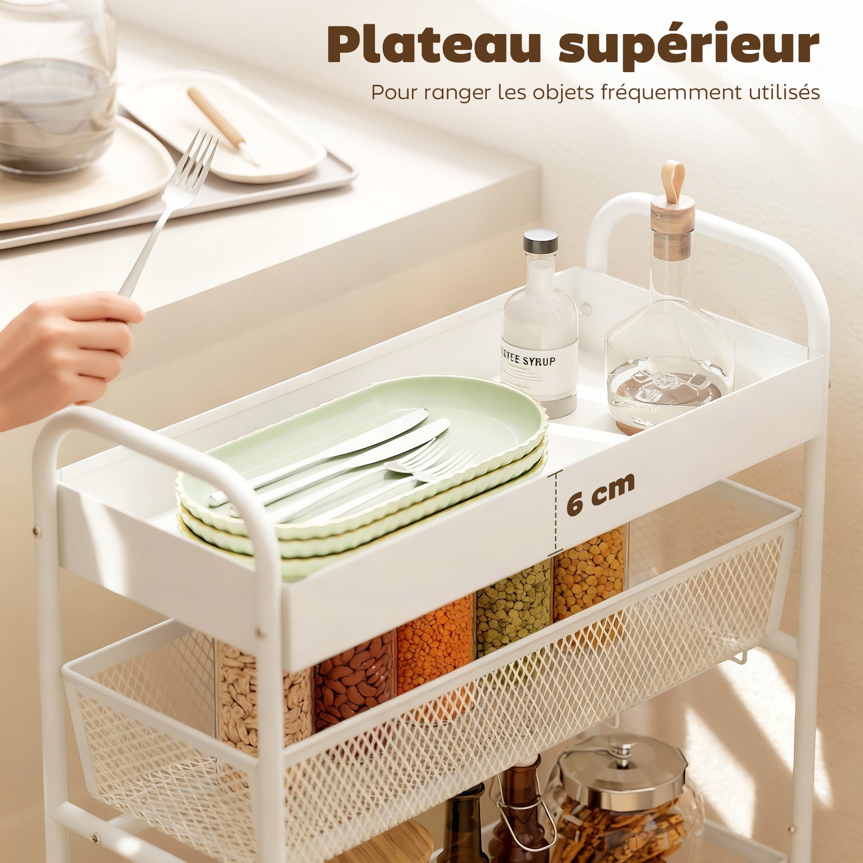 Chariot de rangement à 4 niveaux, desserte à roulettes, 3 paniers coulissants, panier supérieur 19 x 43,2 x 80 cm blanc-4