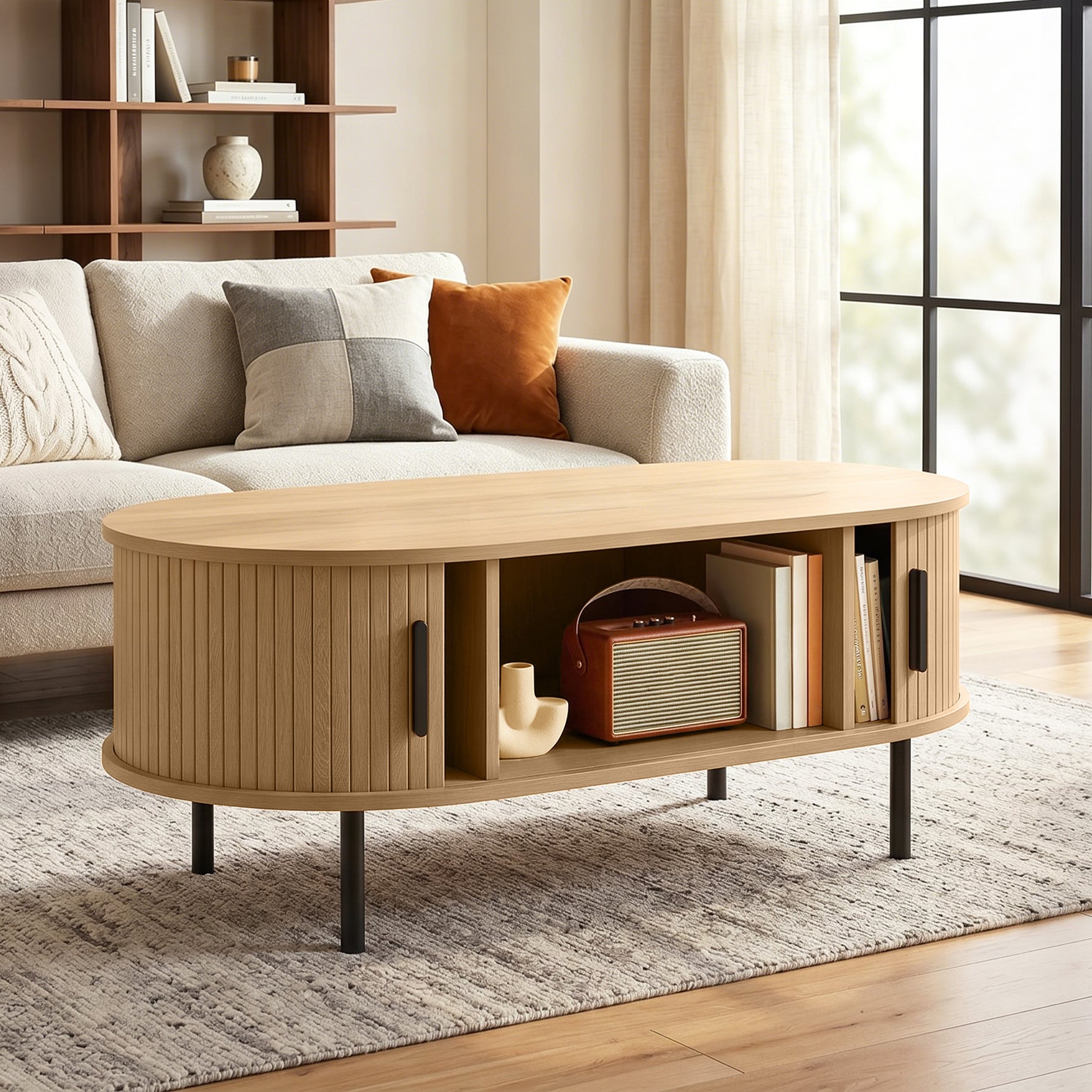 Table basse ovale en bois, table de salon moderne avec portes coulissantes et rangement caché, 100x55x40cm, bois naturel