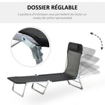 Bain de soleil transat chaise longue inclinable pliable avec oreiller dossier réglable sur 5 niveaux noir