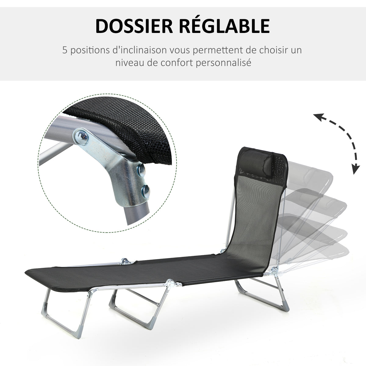 Bain de soleil transat chaise longue inclinable pliable avec oreiller dossier réglable sur 5 niveaux noir