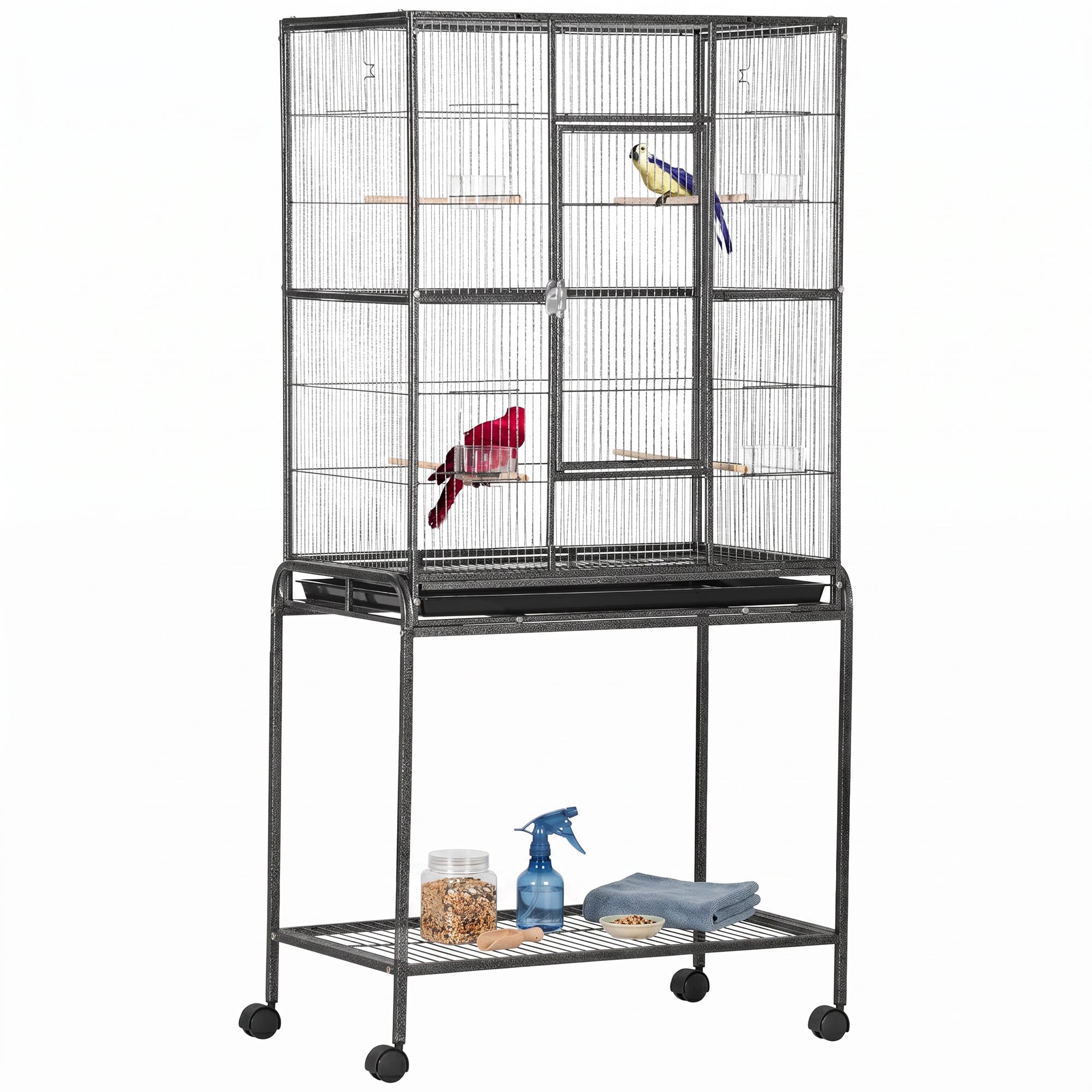 Draagbare vogelkooi met 4 voerbakjes en 4 zitstokken, praktisch, 81 x 48 x 162,5 cm, zwart en grijs