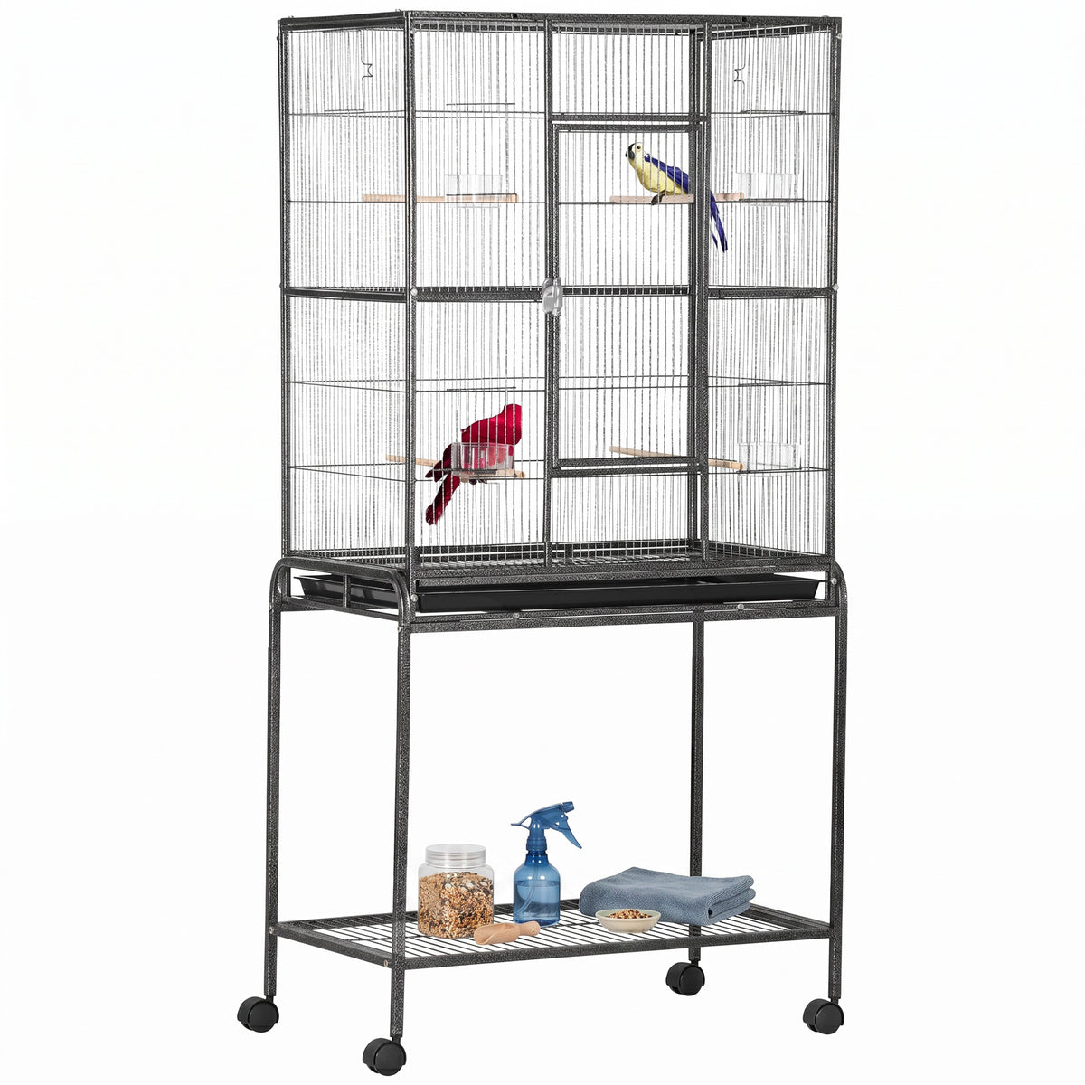 Gabbia per uccelli portatile con 4 mangiatoie e 4 posatoi, pratica, 81 x 48 x 162,5 cm, nero e grigio