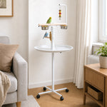 Mangeoire à oiseaux sur pied avec 4 roulettes perchoir 2 bols amovibles plateau rond acier inoxydable Ø 60 x 138H cm blanc