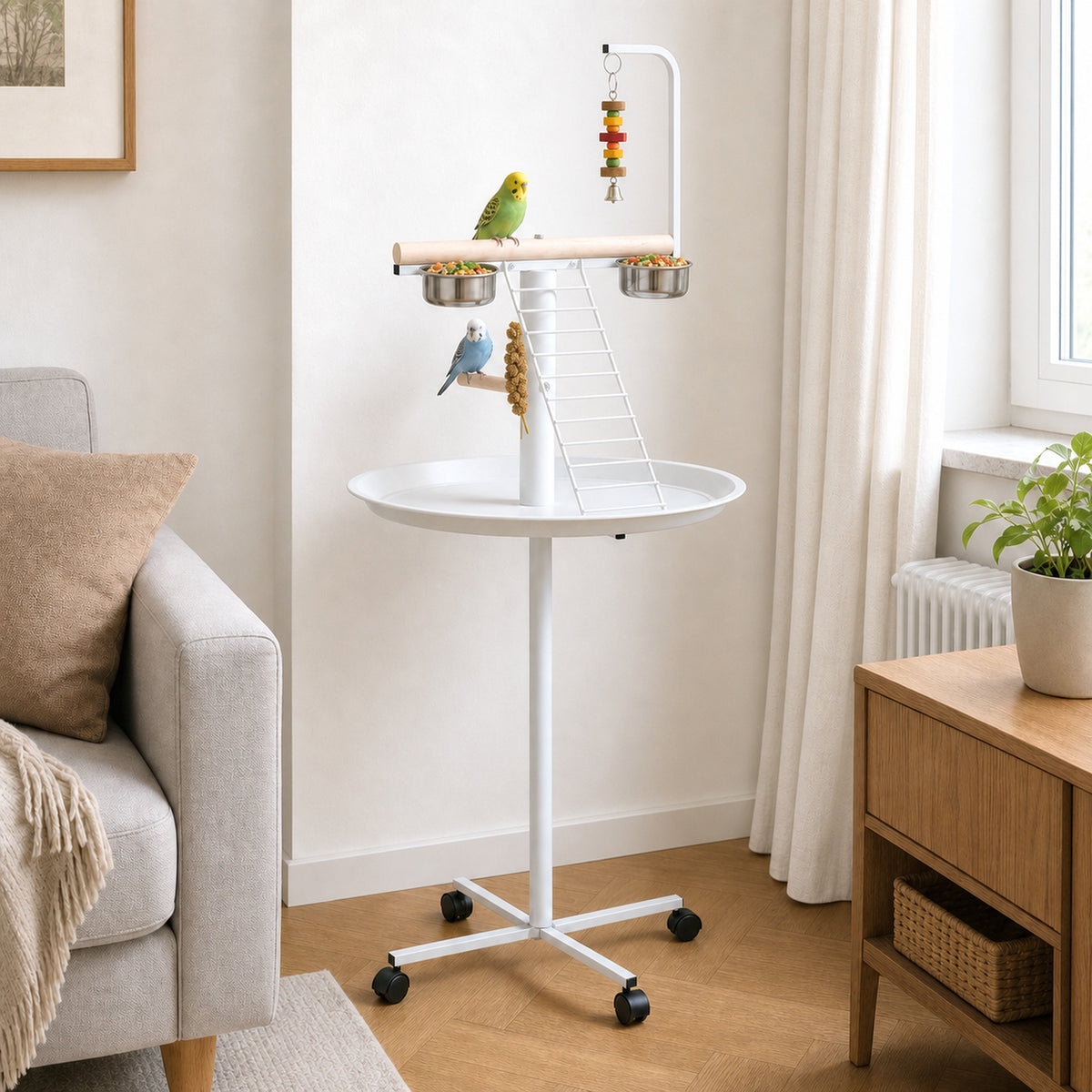 Mangeoire à oiseaux sur pied avec 4 roulettes perchoir 2 bols amovibles plateau rond acier inoxydable Ø 60 x 138H cm blanc