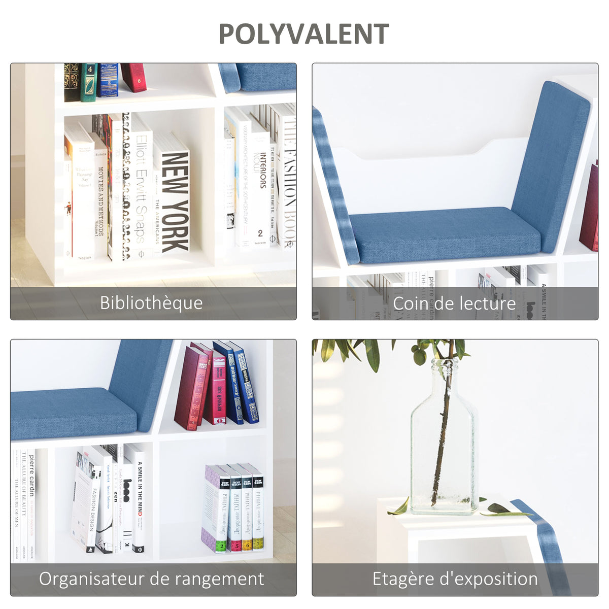 Bibliothèque banc 2 en 1 avec coussins de siège, étagère cube 6 compartiments ouverts et 2 niveaux, meuble de rangement pour salon, chambre à coucher, bureau, 102 x 30 x 61 cm, bleu