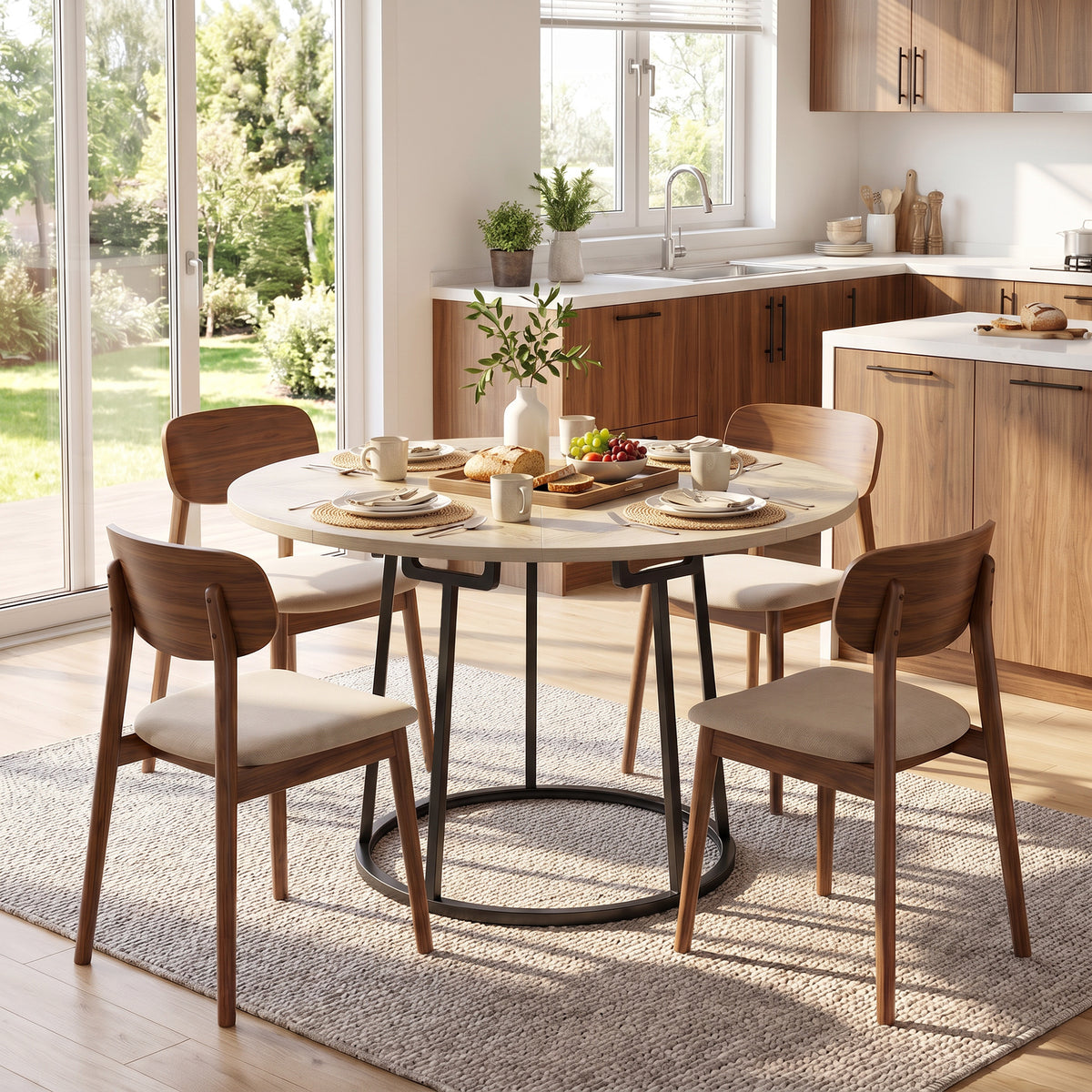 Table à Manger Ronde pour 4 à 6 Personnes, Ø 120 x 75 cm, Table de Cuisine avec Piétement Conique en Métal, Bois Naturel