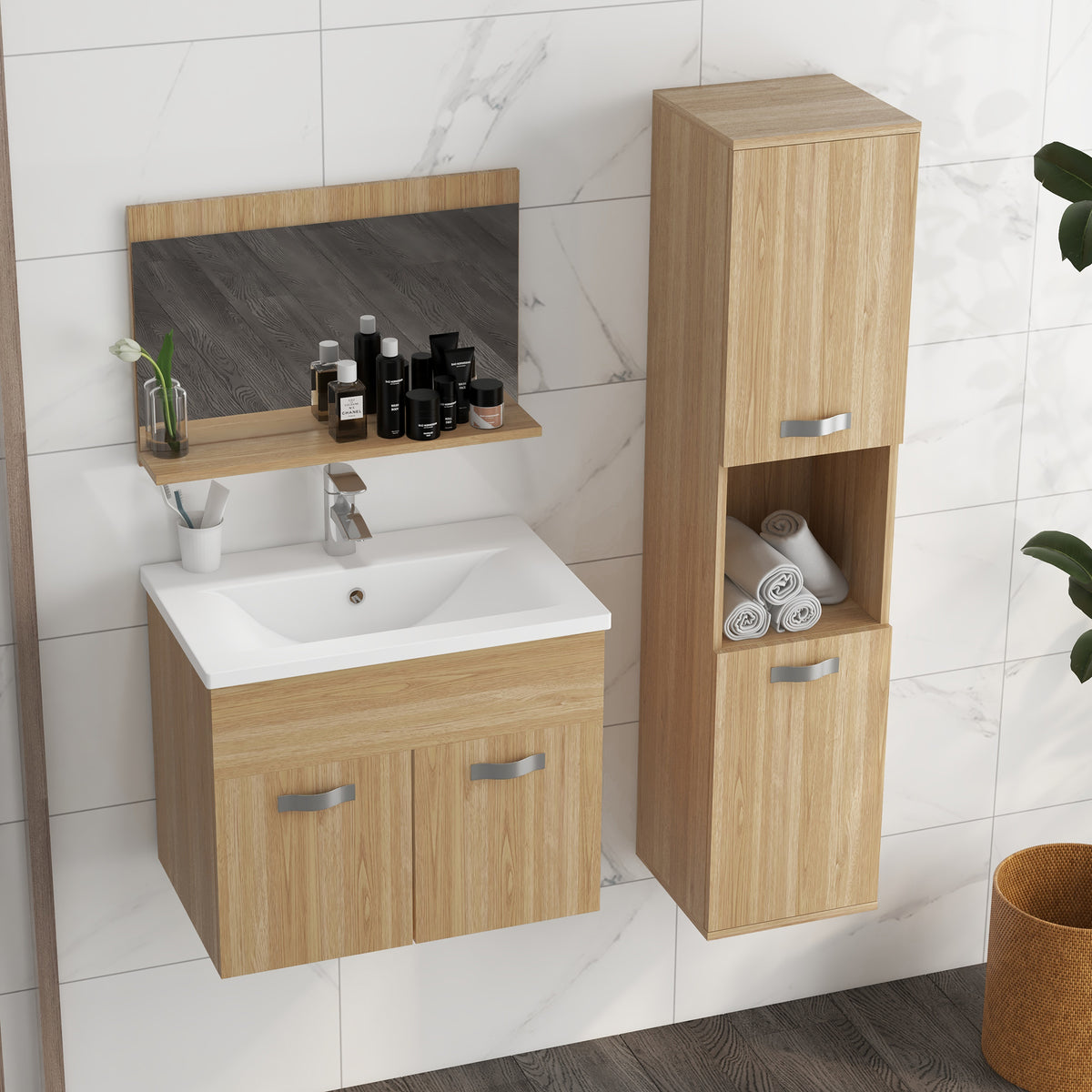 Ensemble de Meubles de Salle de Bain 4 Pièces, Mural, avec Miroir, Meuble sous Vasque, Lavabo et Armoire Haute, Naturel
