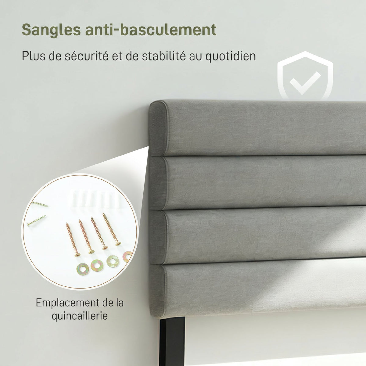 Tête de Lit Capitonnée, Hauteur Ajustable en 3 Niveaux avec Pieds en Métal pour Chambre, 140 x 10 x 106/116/126 cm, Gris