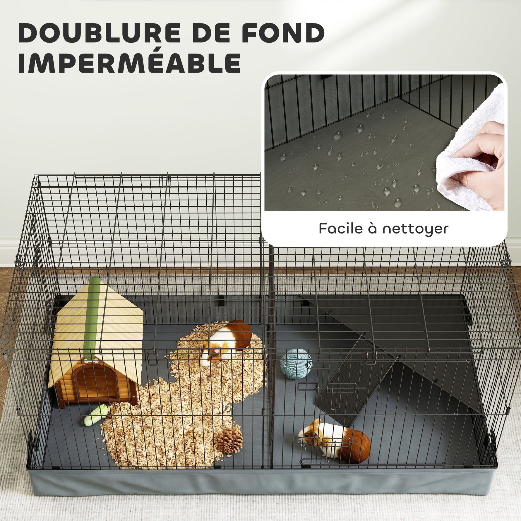 Cage pour petits animaux 2 en 1 avec dessus amovible enclos lapin 2 zones séparées rampe 121 x 61 x 61 cm en acier noir