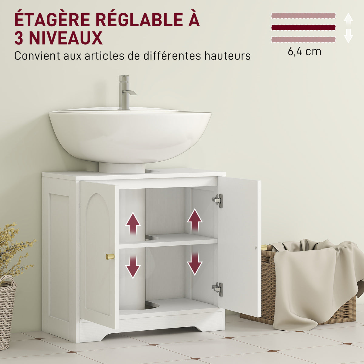 Meuble sous lavabo salle de bain avec placard à portes et étagère réglable, pour bassin avec ou sans pédestal, blanc