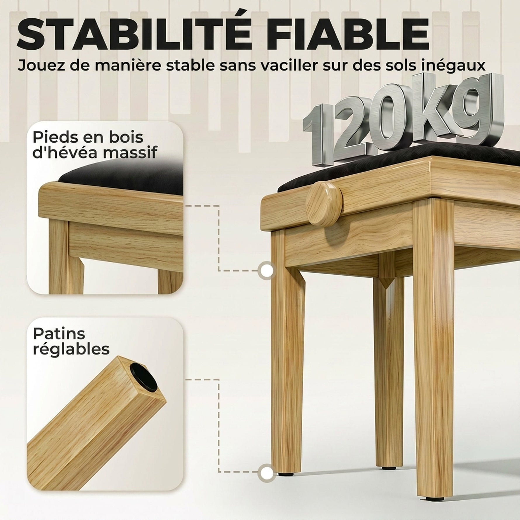 Banc de Piano, Tabouret Piano Réglable en Hauteur 45-56 cm, Banc de Clavier, Siège Rembourré en Velours, Bois Naturel