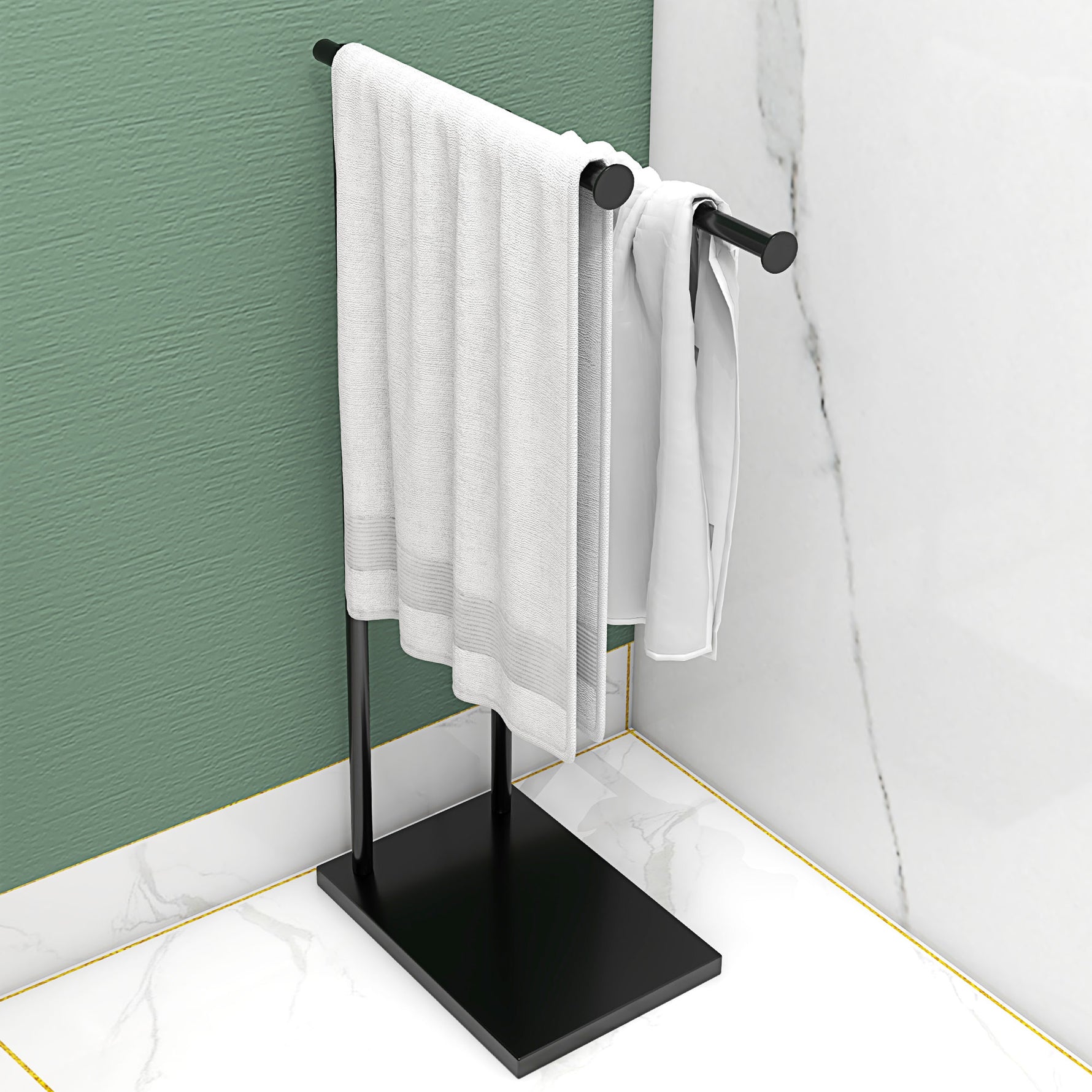 Porte-serviettes sur pied en acier avec 2 barres support pour serviette 35,5l x 20P x 78H cm - noir