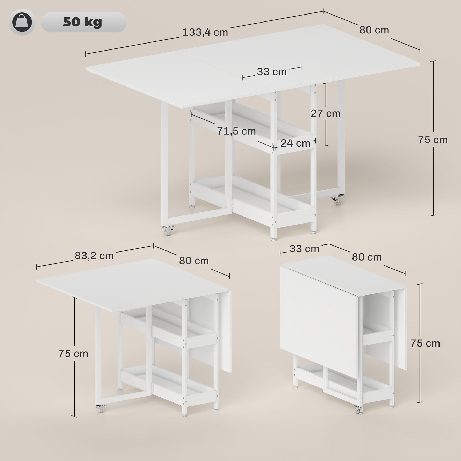 Table à manger pliante sur roulettes 4 personnes avec compartiments ouverts, pour petits espaces, salle à manger, blanc