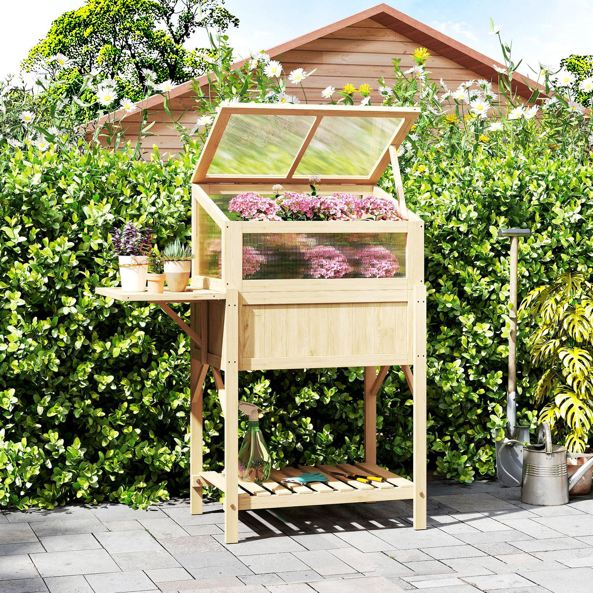 Carré potager sur pieds avec serre, jardinière surélevée, table latérale pliante et étagère, 104x50x120cm, bois naturel