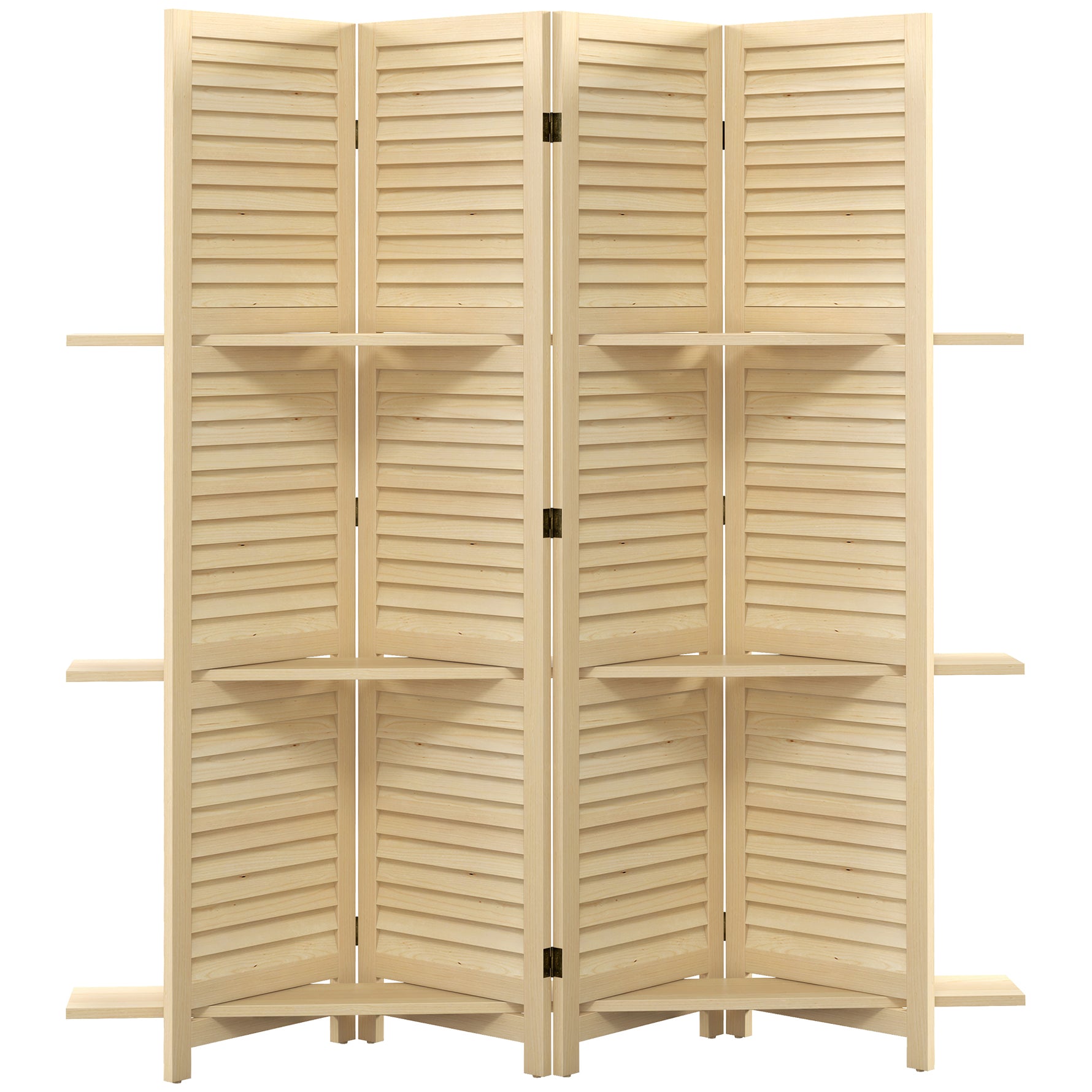 Paravent intérieur 4 panneaux 160L x 170H cm 3 étagères pliables séparateur de pièce portes persiennes naturel