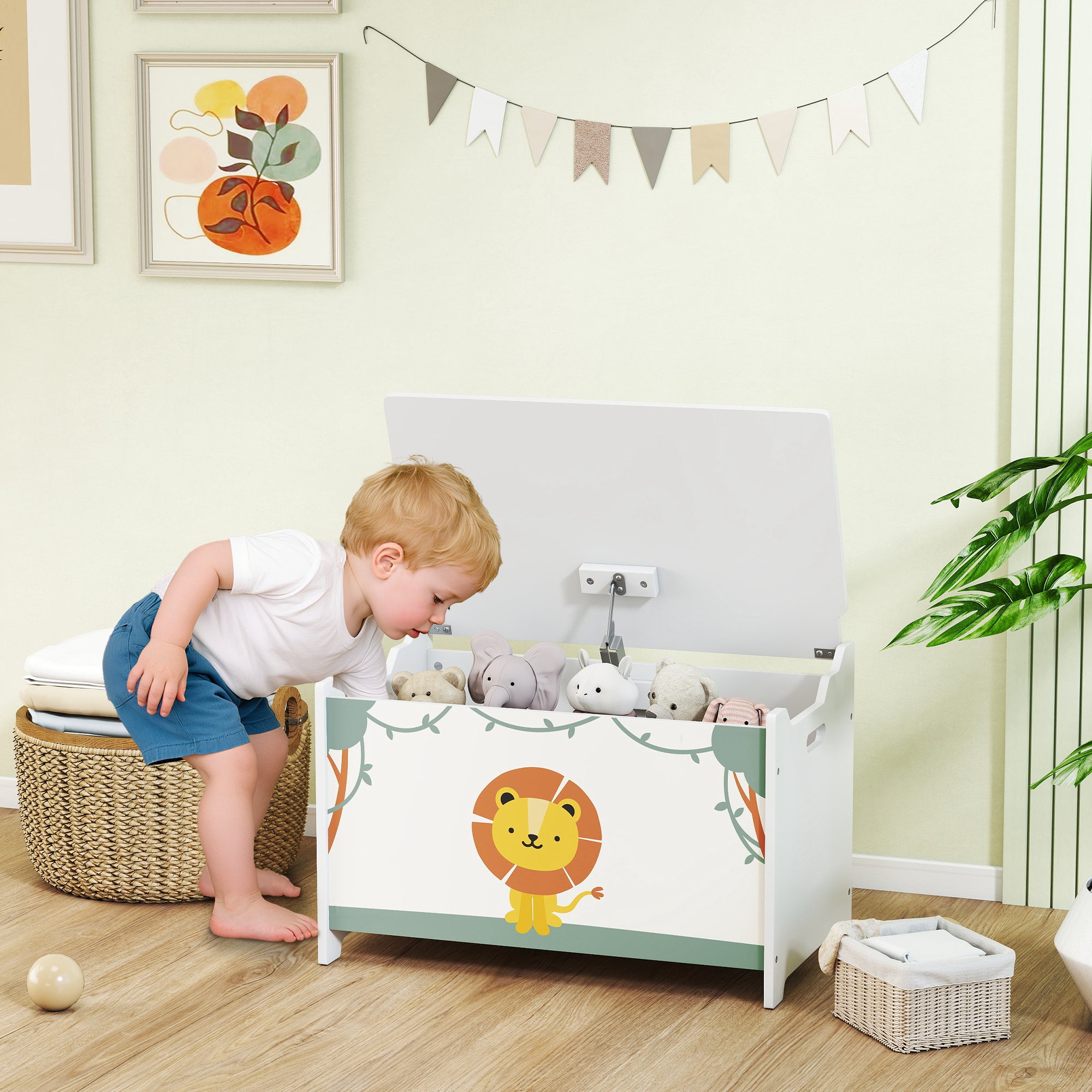 Coffre à jouets avec couvercle, coffre de rangement enfant avec charnières de sécurité, 60 x 37 x 39 cm, vert