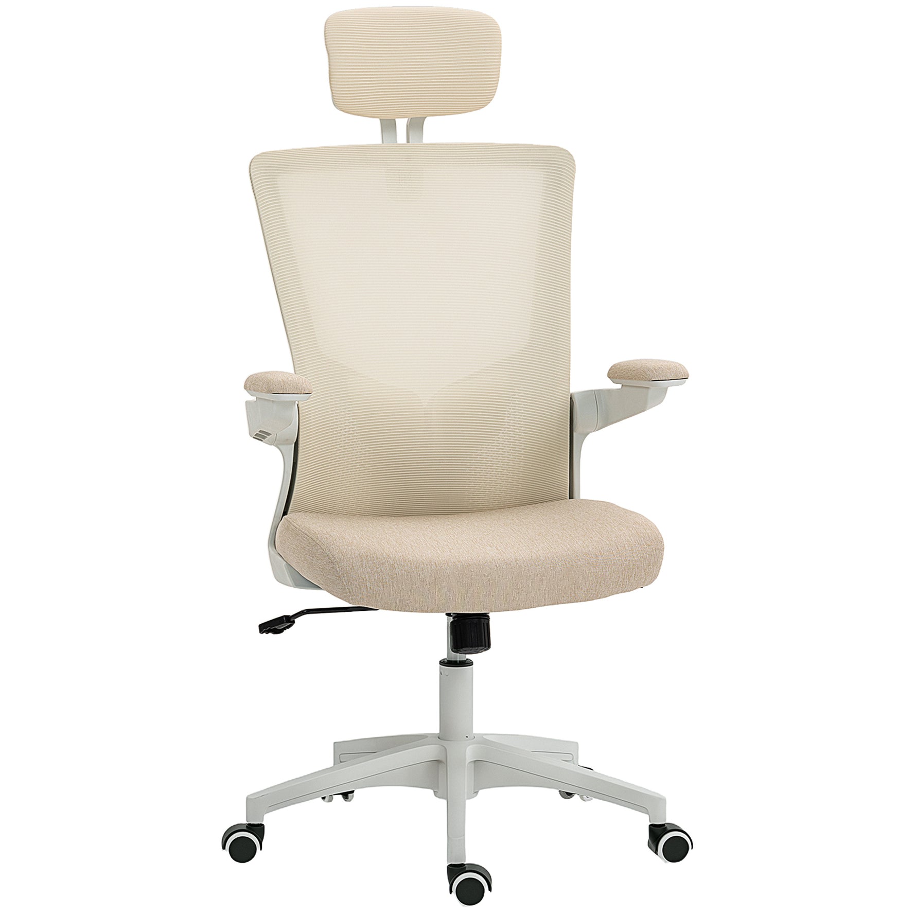 Chaise bureau ergonomique, fauteuil de bureau, accoudoirs relevables, soutien lombaire, appui-tête, 60x63x120cm, beige
