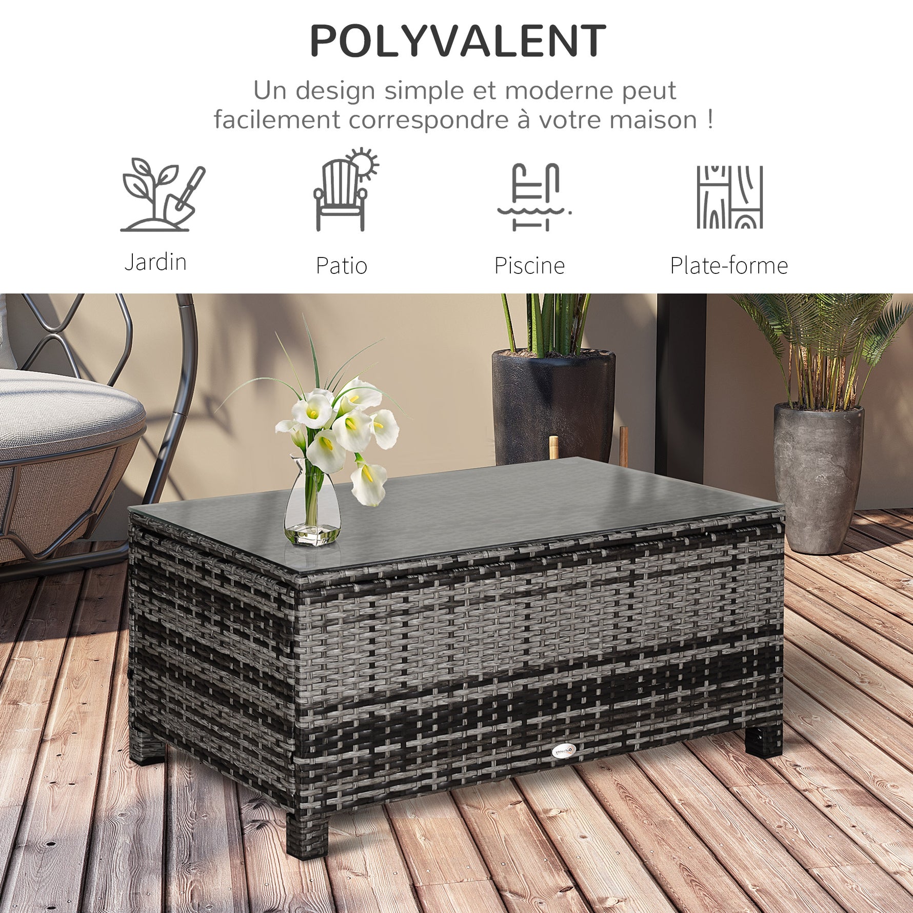 Table Basse de Jardin Plateau Verre trempé 5 mm rotin tressé 85 x 50 x 39cm Max. 70 kg gris