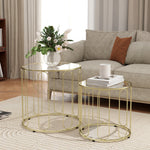 Lot de 2 tables basses gigognes rondes modernes avec cadre en métal et plateau en verre, ton doré